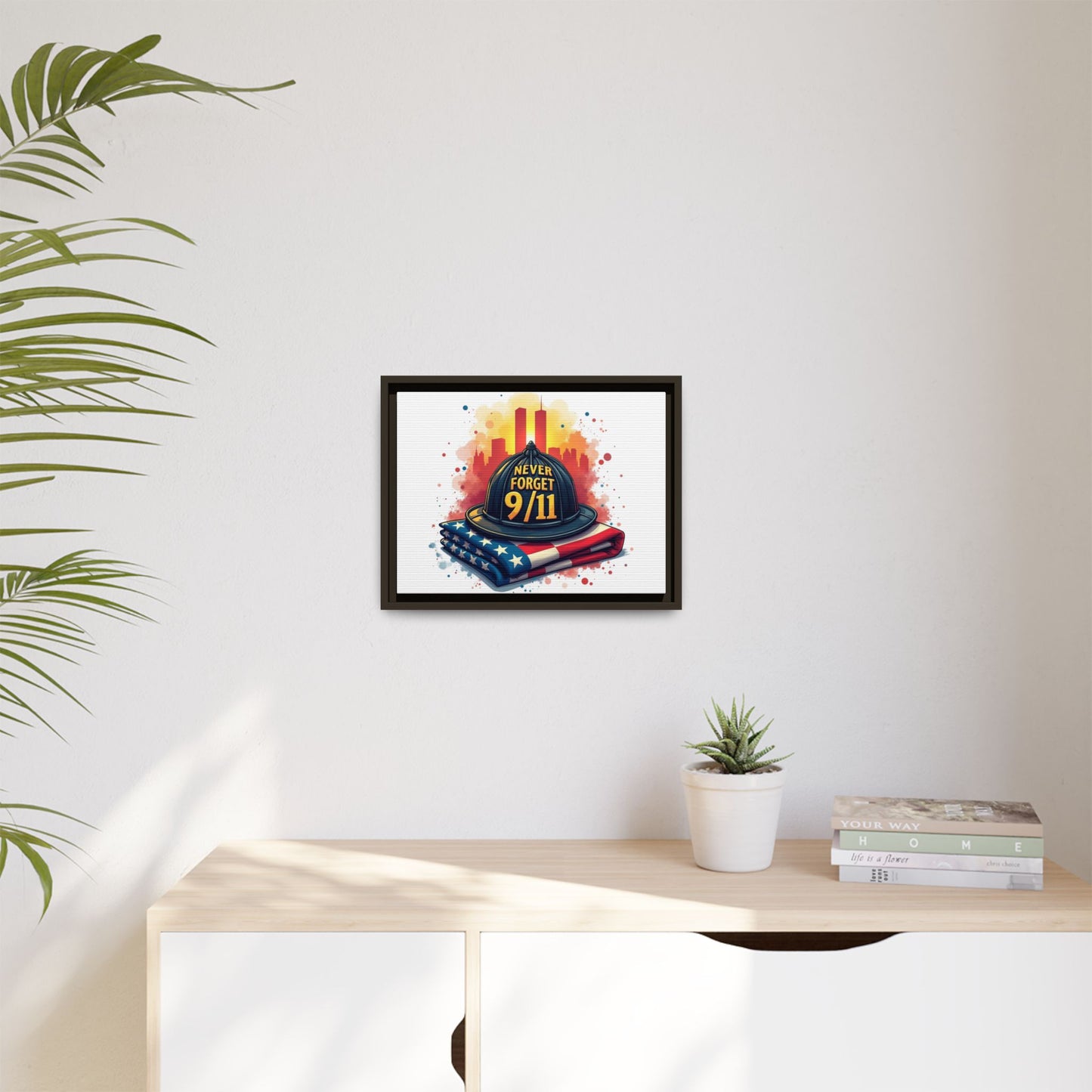 Never Forget 9/11 Framed Canvas Print — Firefighter Helmet & American Flag Memorial Art