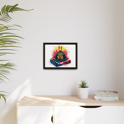 Never Forget 9/11 Framed Canvas Print — Firefighter Helmet & American Flag Memorial Art