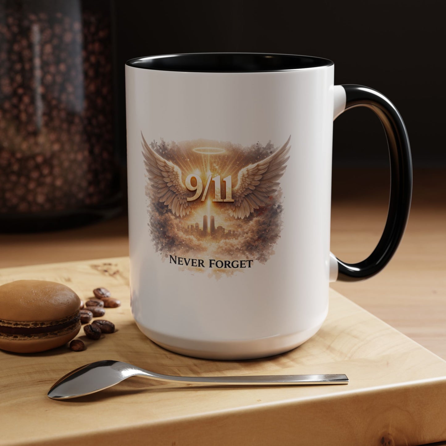 9/11 Never Forget Accent Coffee Mug — Memorial Tribute Ceramic Mug