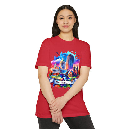Massachusetts Watercolor Cityscape T-Shirt — Colorful State Landmark Tee
