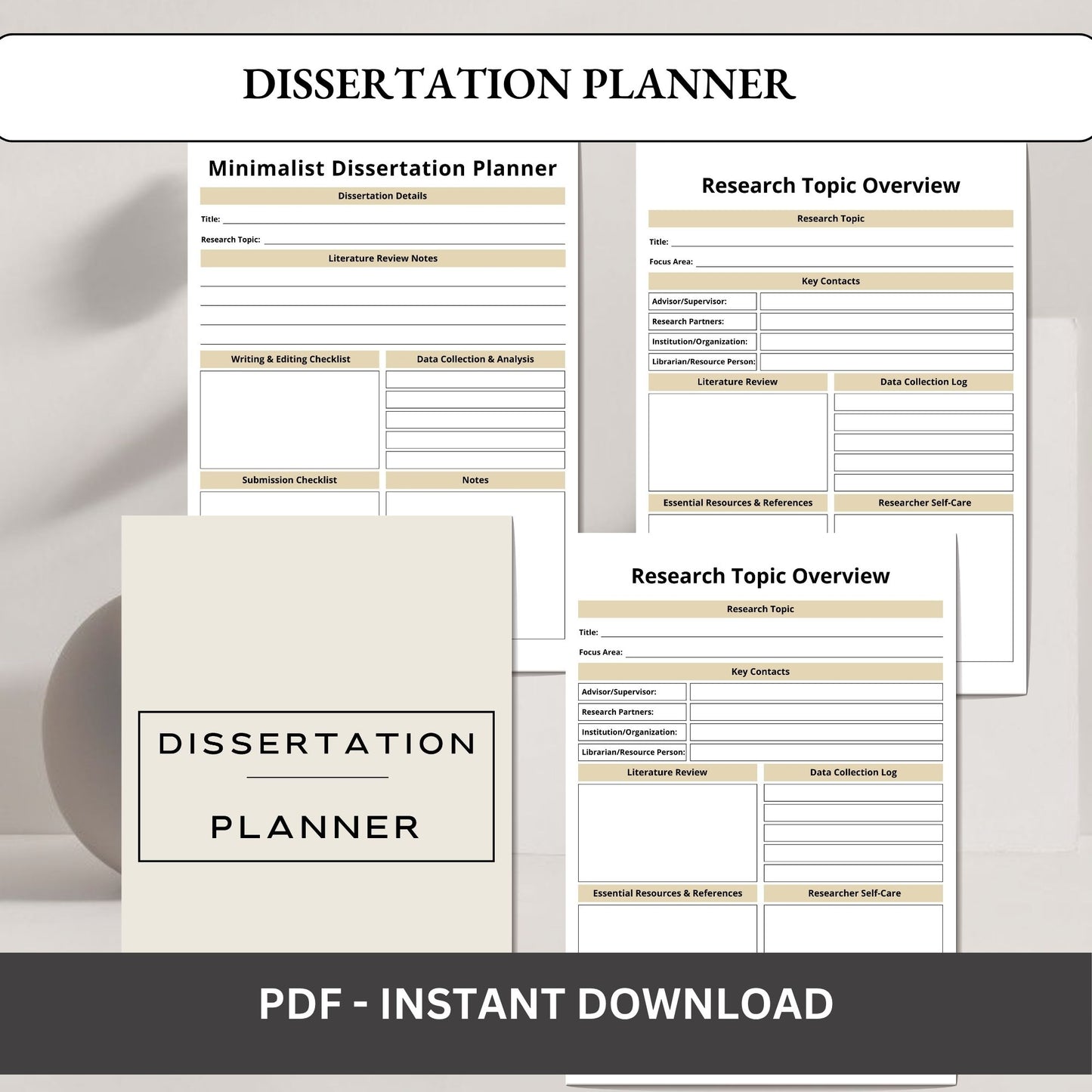 Dissertation Planner | Thesis & Research Planner | PhD Writing Planner | Academic Project Organizer PDF
