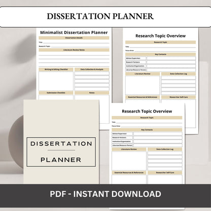 Dissertation Planner | Thesis & Research Planner | PhD Writing Planner | Academic Project Organizer PDF