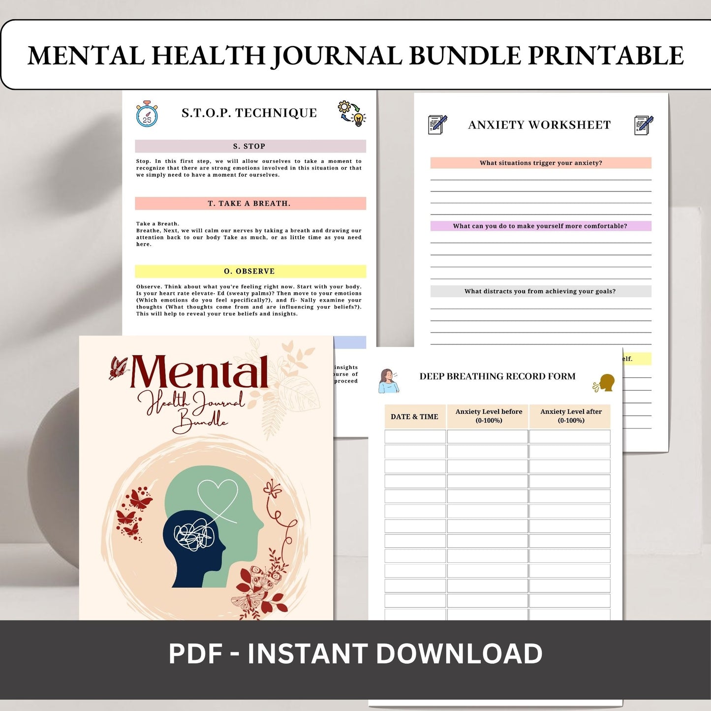 Mental Health Journal Bundle Printable | Self Care & Wellness Planner | Therapy Journal | Mindfulness & Mood Tracker
