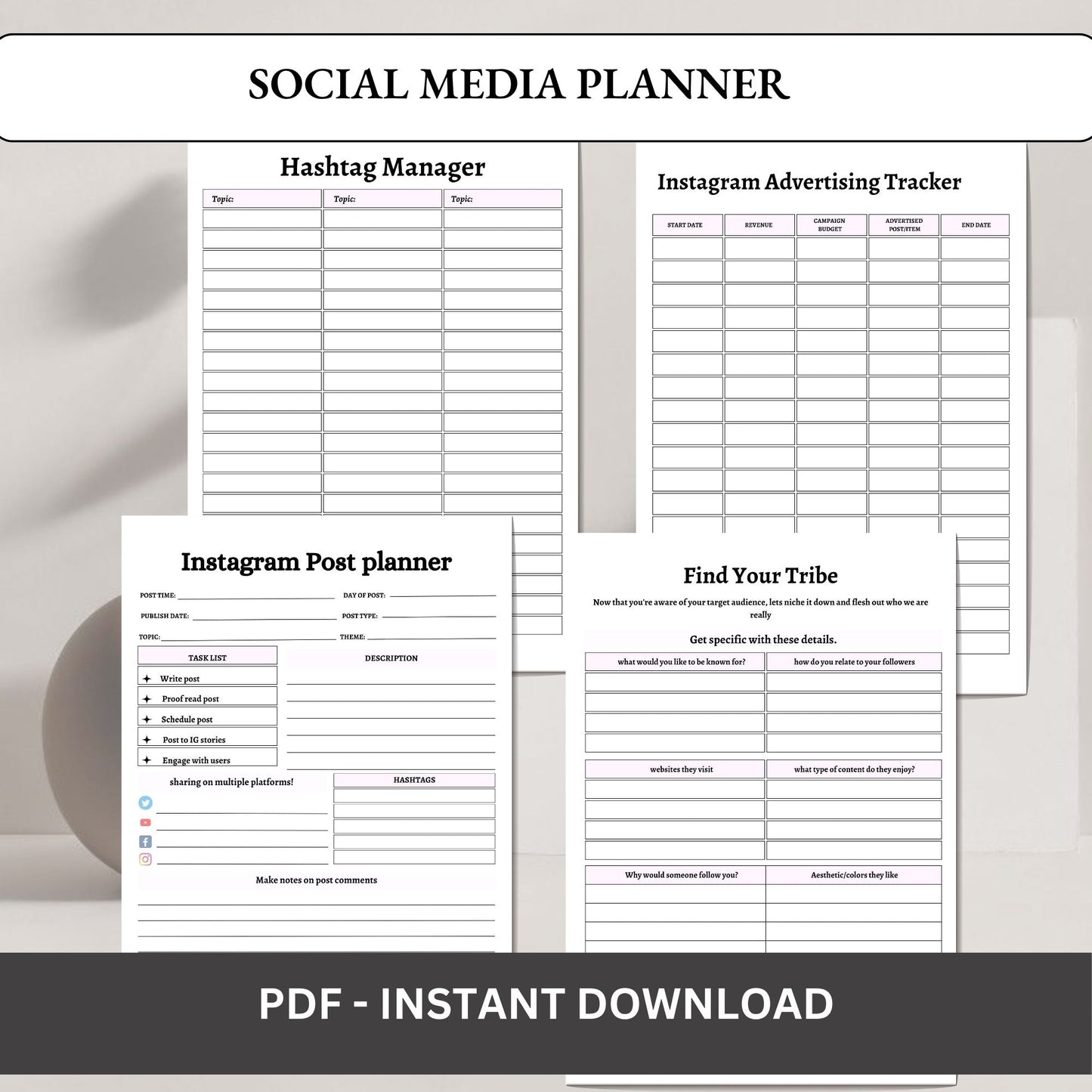 Social Media Planner | Content Planner & Strategy Tracker | Instagram & TikTok Planner | Marketing Planner Printable