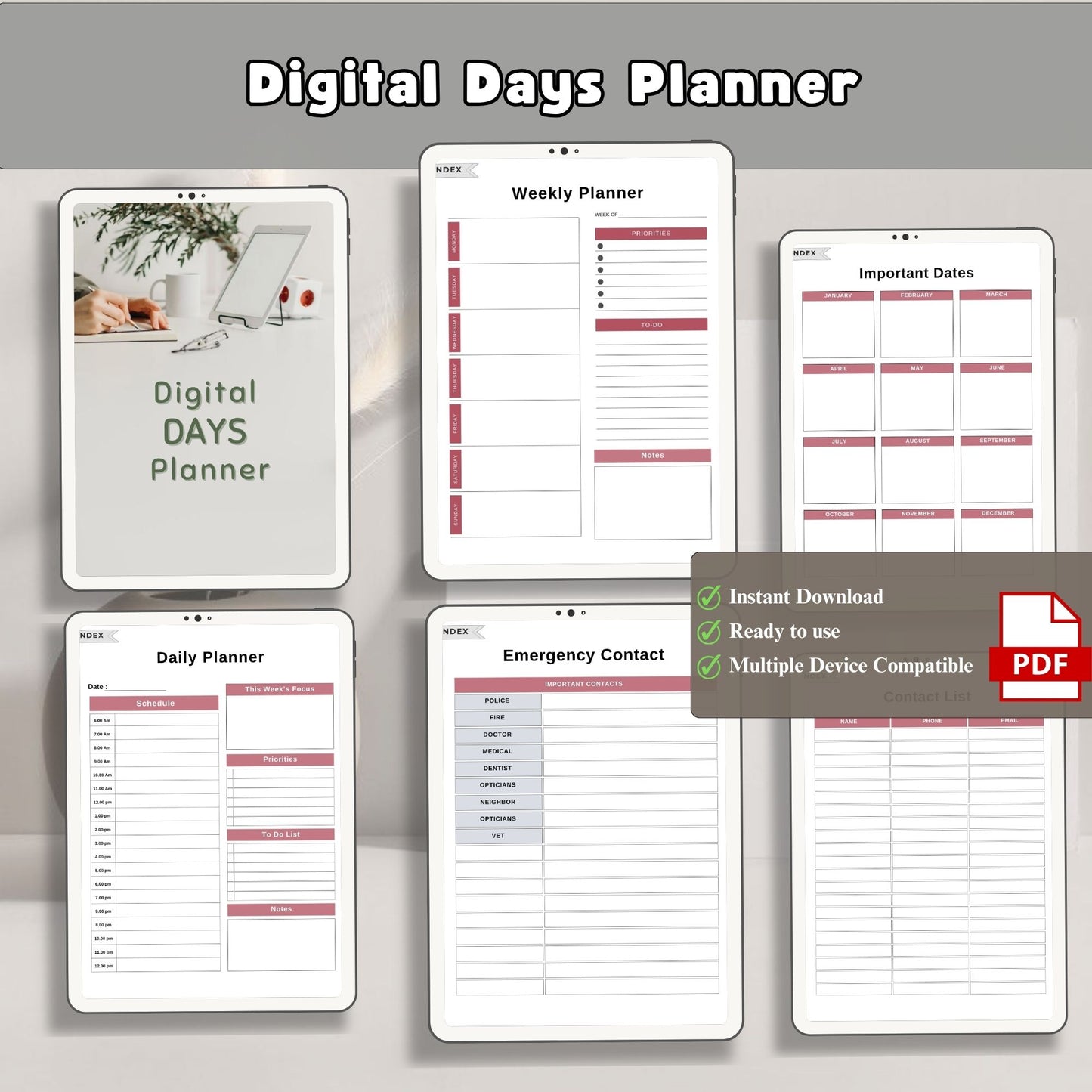 Digital Days Planner | Daily Digital Planner | Editable Planner PDF | Productivity Planner Digital | Tablet Planner
