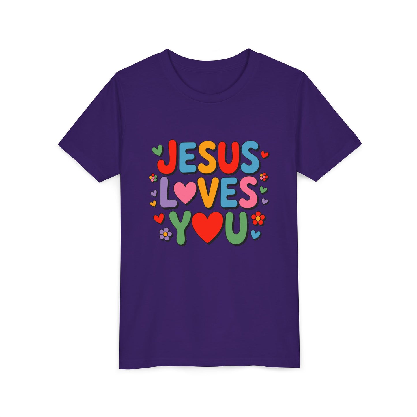 Youth Tee - "Jesus Loves You" Colorful Heart & Flower Christian Shirt
