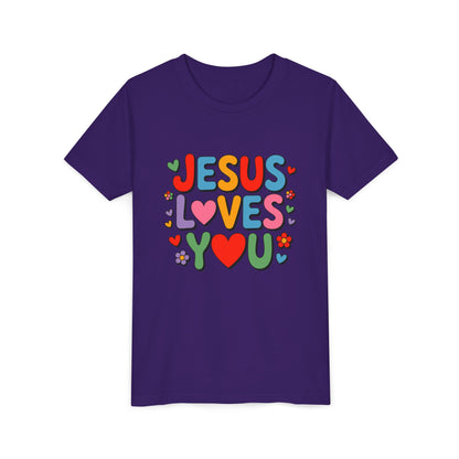 Youth Tee - "Jesus Loves You" Colorful Heart & Flower Christian Shirt