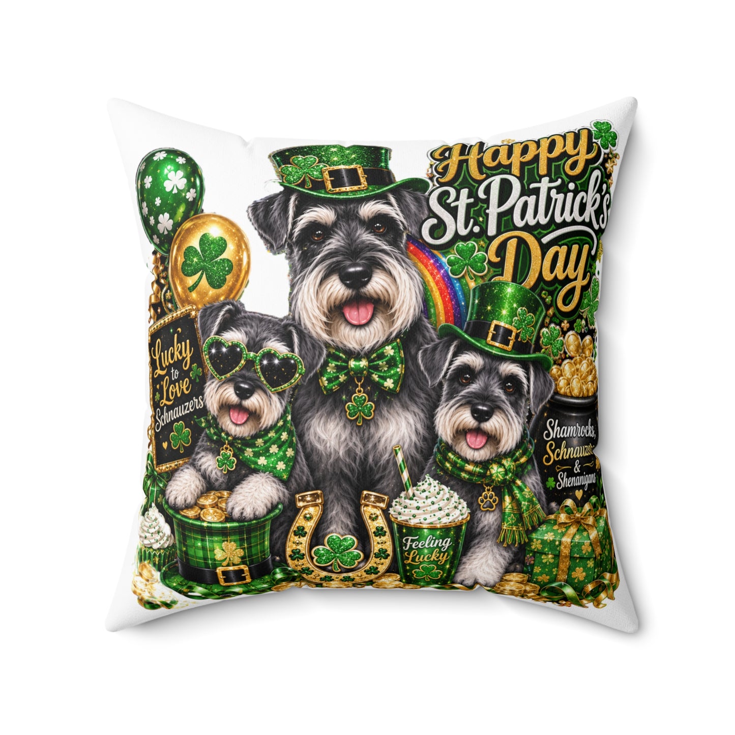Happy St. Patrick's Day Dogs Decorative Pillow — Shamrock Schnauzer St. Patty’s Throw Pillow