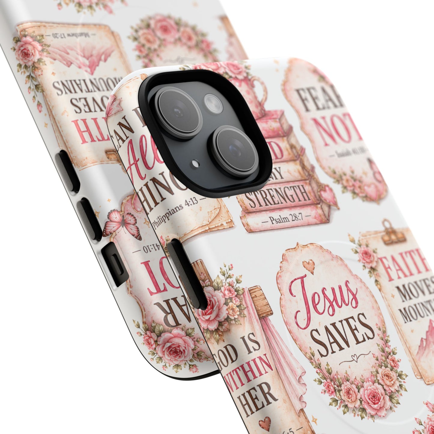 Christian Faith iPhone Tough Magnetic Case — 'Jesus Saves' Floral Scripture Design (Fear Not, Faith Moves Mountains)
