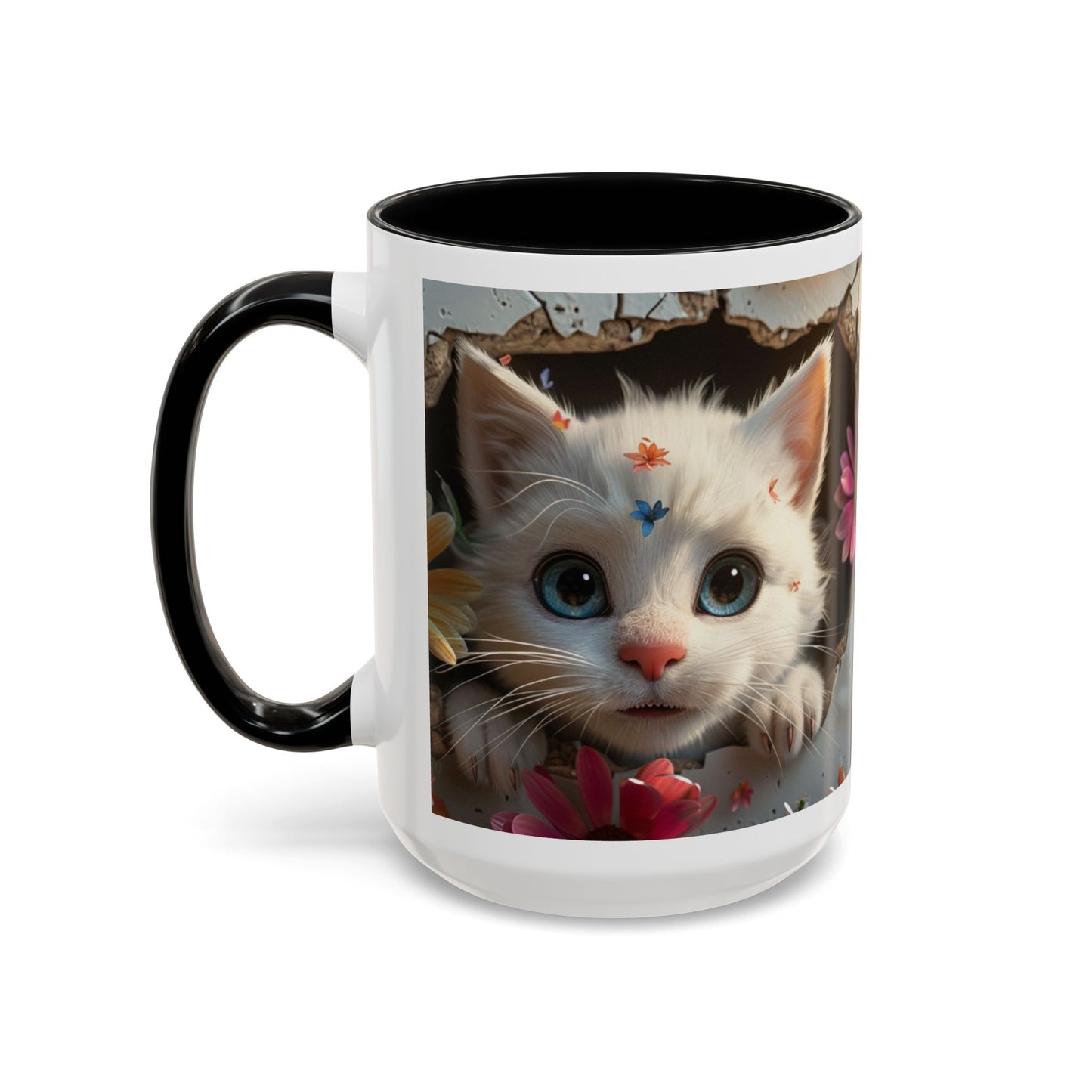 Cute White Kitten Coffee Mug – Floral Accent 11/15oz