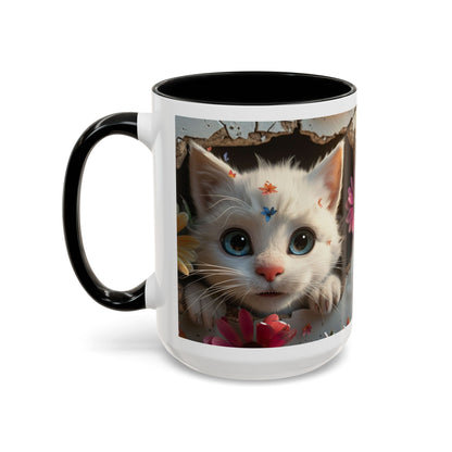 Cute White Kitten Coffee Mug – Floral Accent 11/15oz