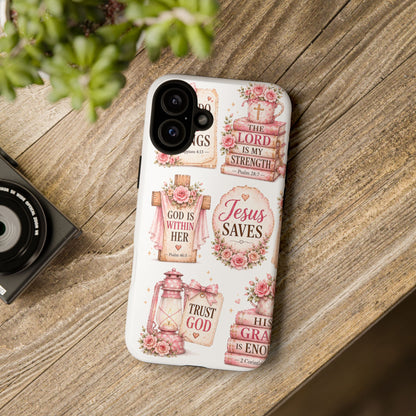 Christian Phone Case — Jesus Saves Floral Tough Case with 'God Is Within Her' & 'Trust God' Design