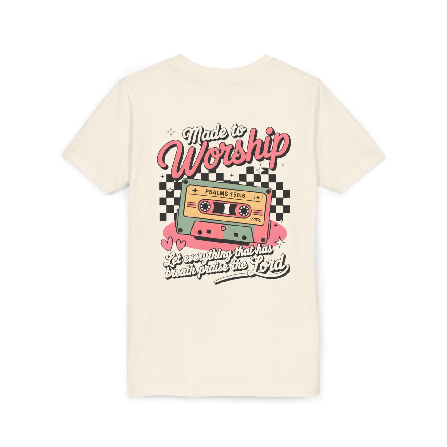 Made to Worship Youth Tee – Retro Cassette Christian Kids Shirt (Psalms 100:4)