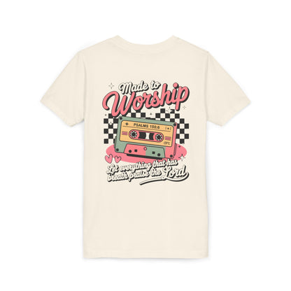 Made to Worship Youth Tee – Retro Cassette Christian Kids Shirt (Psalms 100:4)