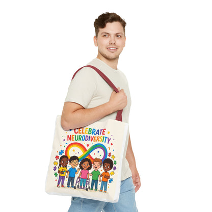 Celebrate Neurodiversity Tote Bag — Rainbow Infinity Symbol with Diverse Kids