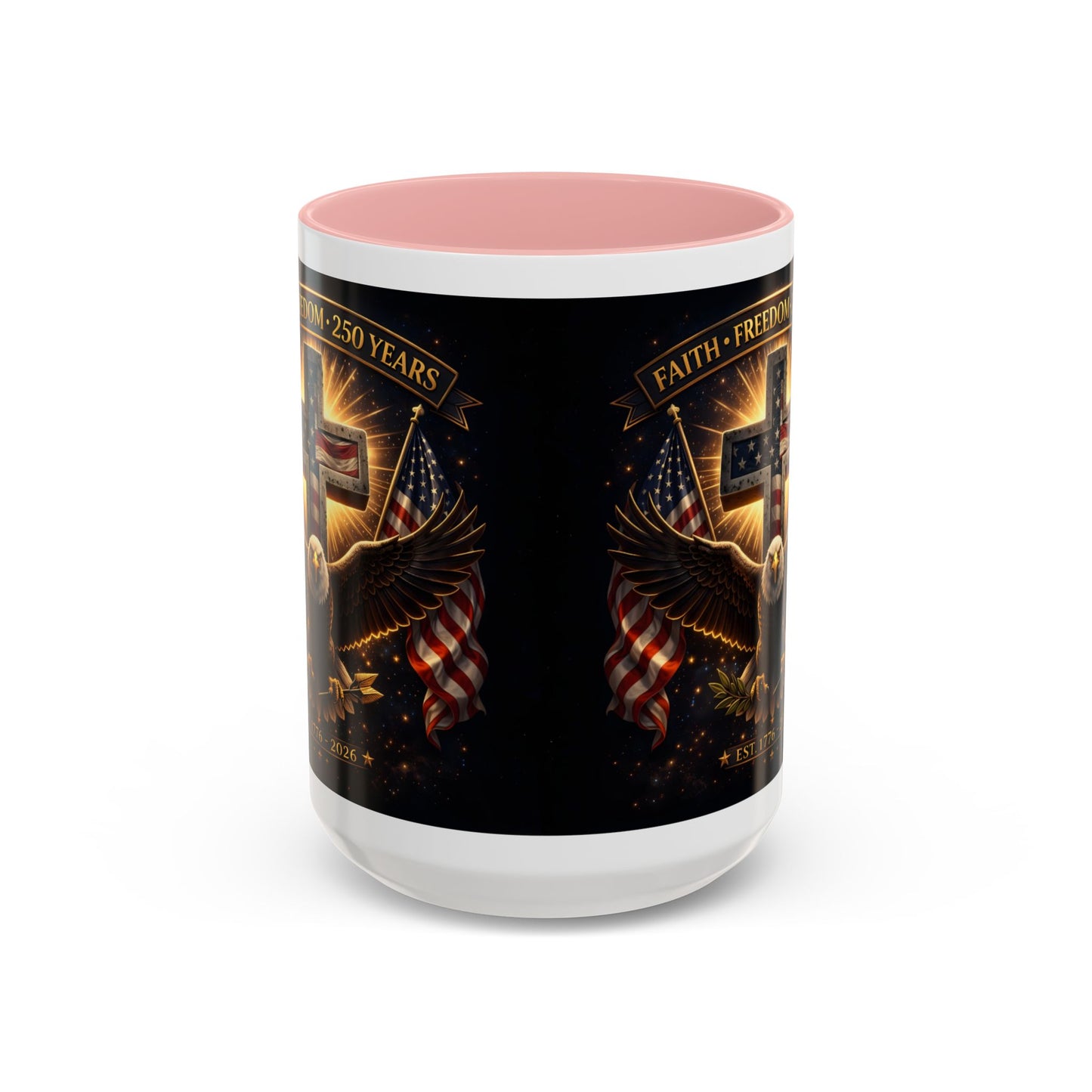 Patriotic Faith & Freedom Accent Coffee Mug — Eagle, Cross & American Flag (1776–2026)