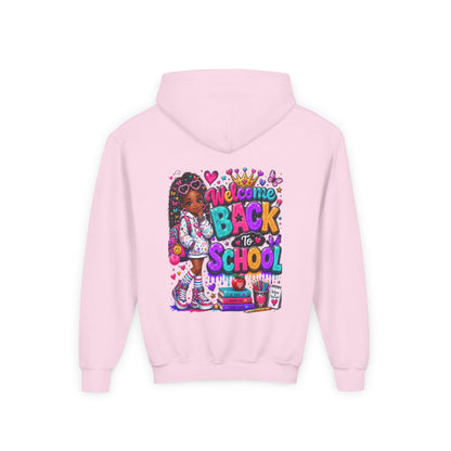 Welcome Back to School Youth Hoodie — Colorful Girl Backpack Design
