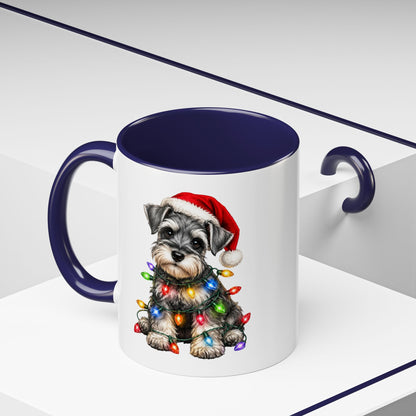 Christmas Puppy Coffee Mug — Schnauzer in Santa Hat with Holiday Lights (11/15oz)