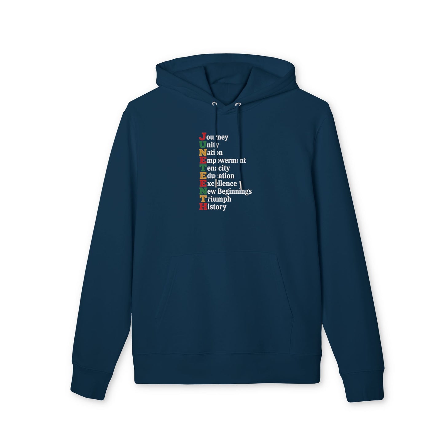 Juneteenth Hoodie — 'JUNETEENTH' Vertical Acronym Design (Unity, Nation, Empowerment)