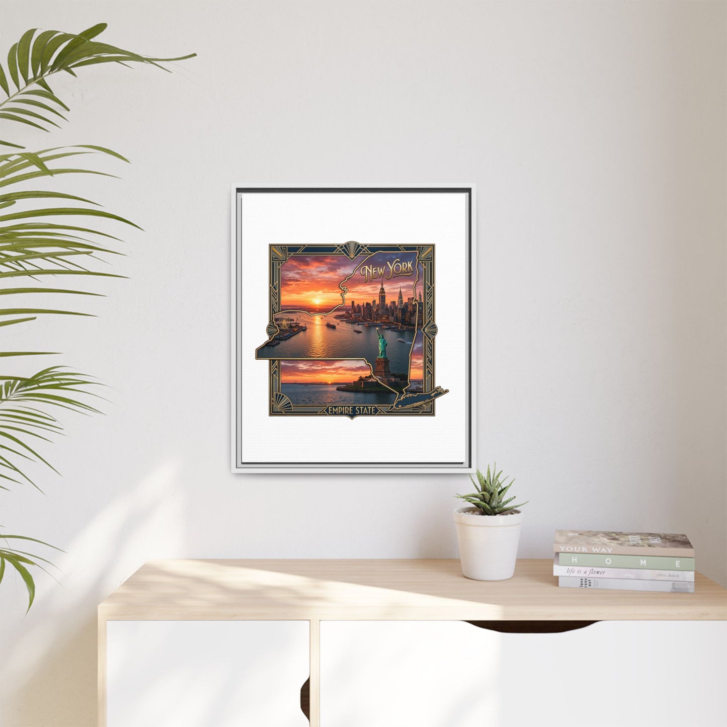 Framed Matte Canvas Wall Art — New York City Sunset Skyline with Statue of Liberty