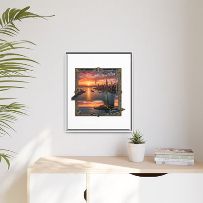Framed Matte Canvas Wall Art — New York City Sunset Skyline with Statue of Liberty