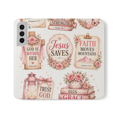 Christian Floral Phone Flip Case — "Jesus Saves" & Inspirational Scripture Wallet Cover