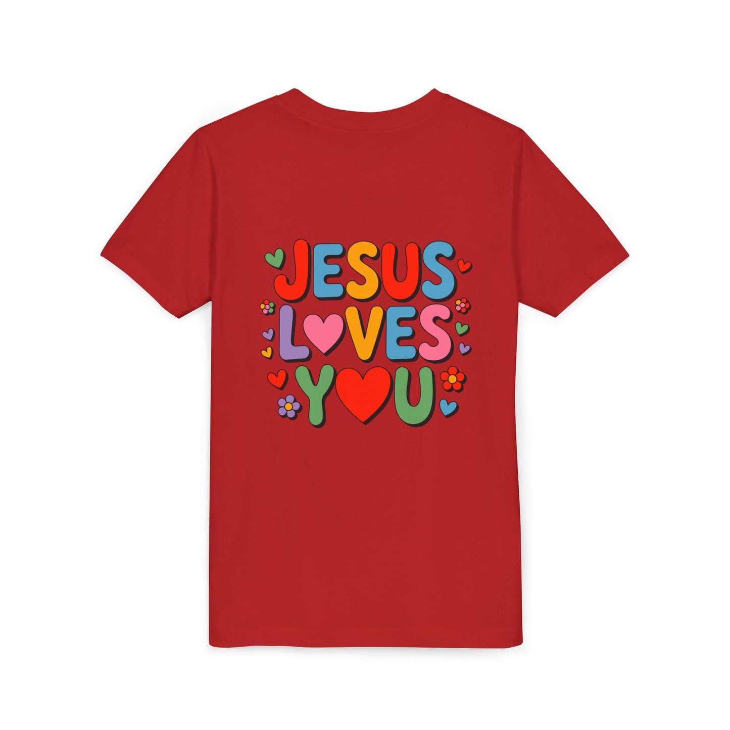 Youth Tee - "Jesus Loves You" Colorful Heart & Flower Christian Shirt