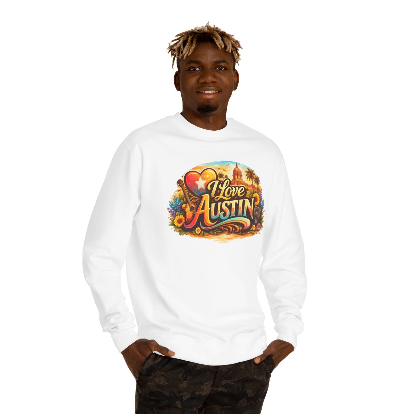I Love Austin Crewneck Sweatshirt – Retro Texas Cityscape Pullover