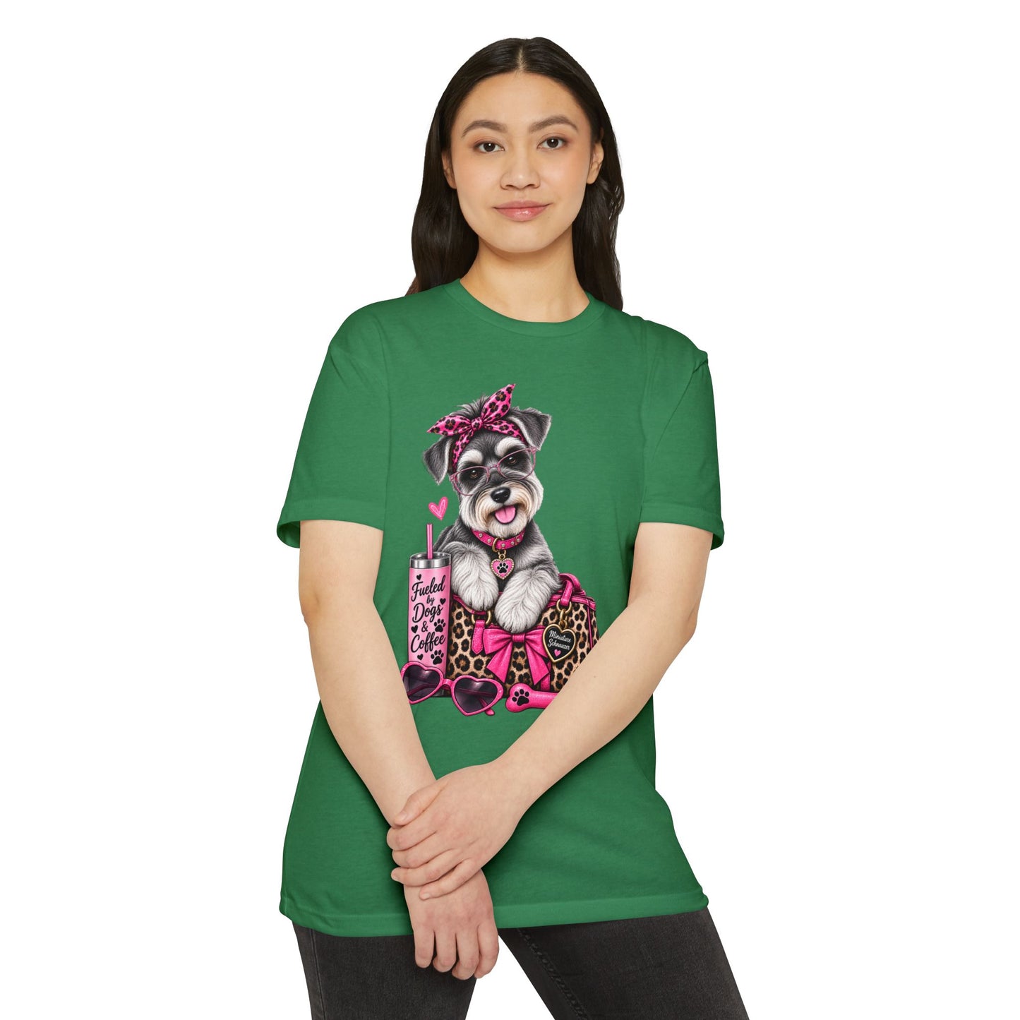 Schnauzer Fashion Tee — Cute Dog with Leopard Bag & 'Faith, Dog, Coffee' Design