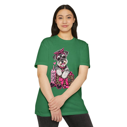 Schnauzer Fashion Tee — Cute Dog with Leopard Bag & 'Faith, Dog, Coffee' Design