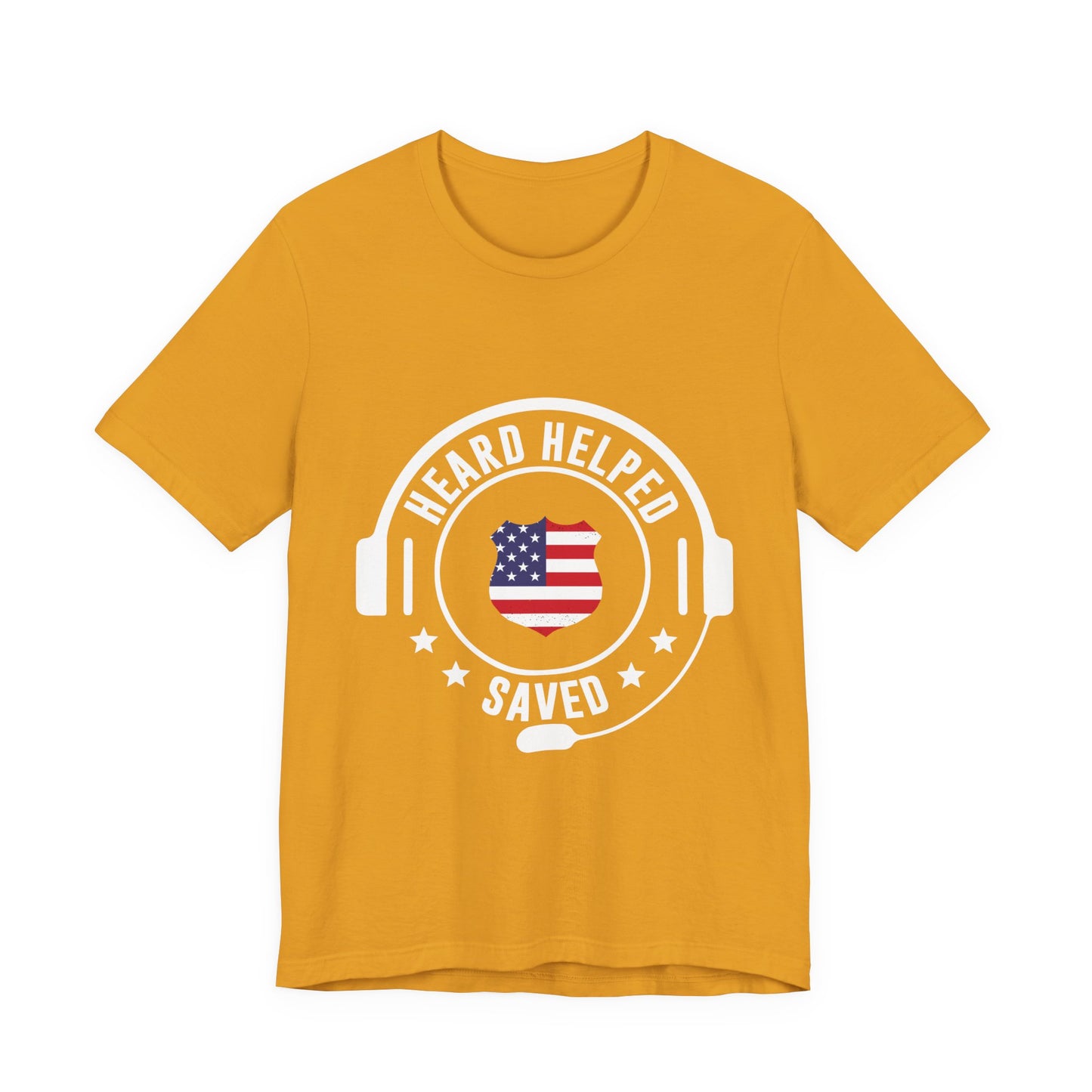 Headset Logo T-Shirt — "Heard Helped Saved" American Flag Design