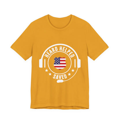 Headset Logo T-Shirt — "Heard Helped Saved" American Flag Design