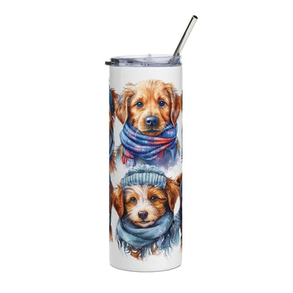 20oz Winter Puppy Stainless Steel Tumbler - Cute Dogs with Scarves & Beanies