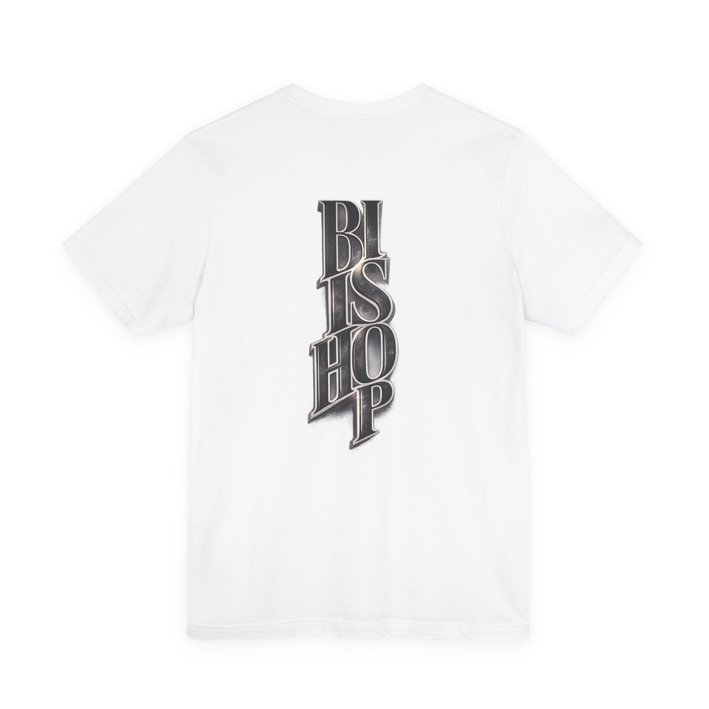 Bishop Vertical Script Tee — Vintage Gothic Lettering T-Shirt