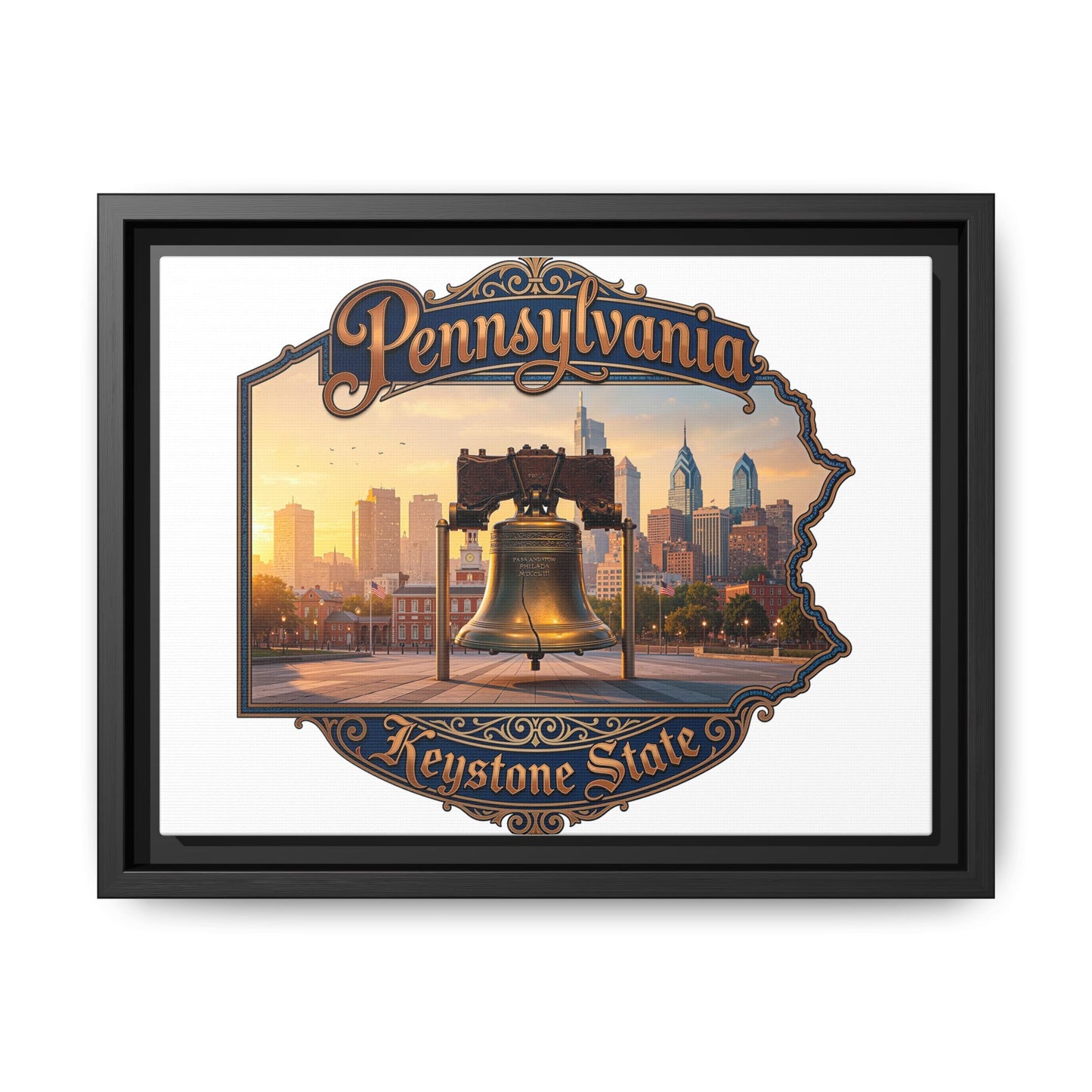 Pennsylvania Keystone State Framed Canvas Wall Art — Liberty Bell & Philadelphia Skyline