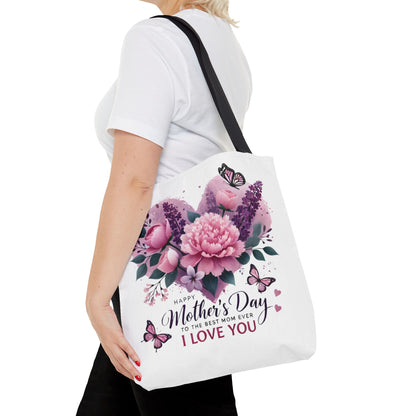 Mother's Day Floral Tote Bag - "Happy Mother's Day I Love You" Heart Bouquet