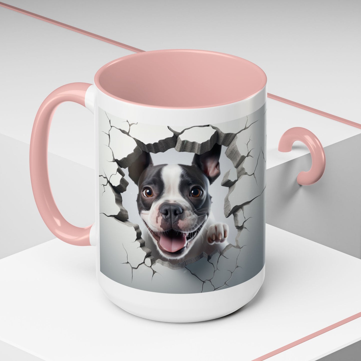 Coffee Mug — Happy Boston Terrier Breaking Through Design (Accent 11/15oz)