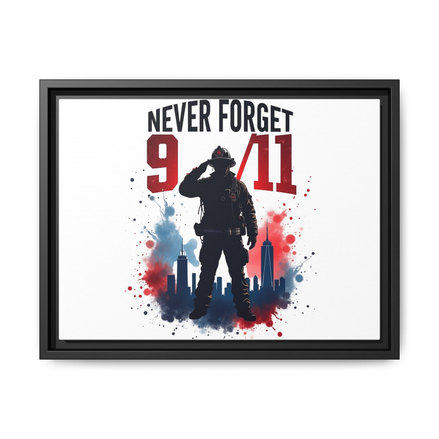 Never Forget 9/11 Framed Canvas Print — Patriotic Firefighter Memorial Art
