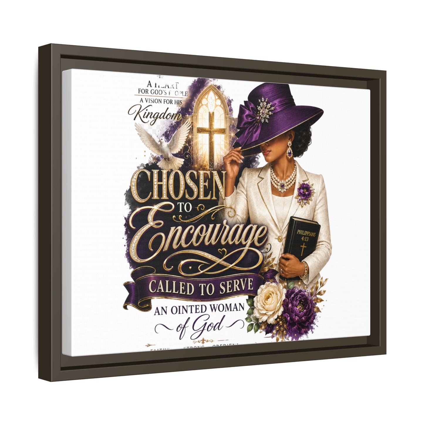 Chosen to Encourage — Framed Faith Canvas Wall Art (Called to Serve, Anointed Woman of God)
