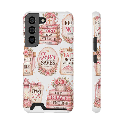 Christian Phone Case with Card Holder — 'Jesus Saves' Floral Scripture Design