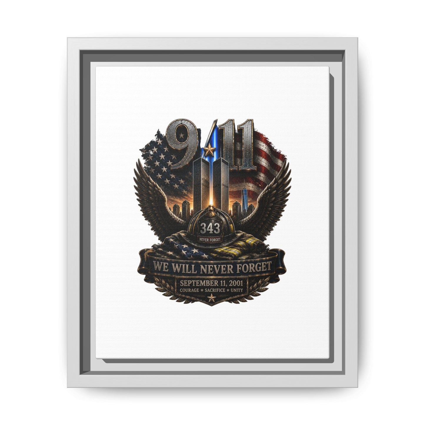9/11 Memorial Matte Canvas Print — "We Will Never Forget" Framed Tribute