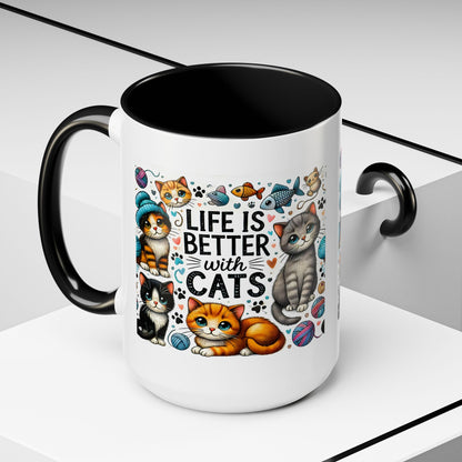 Life Is Better With Cats Accent Coffee Mug – Cute Kitten Ceramic Tea Cup (11/15oz)