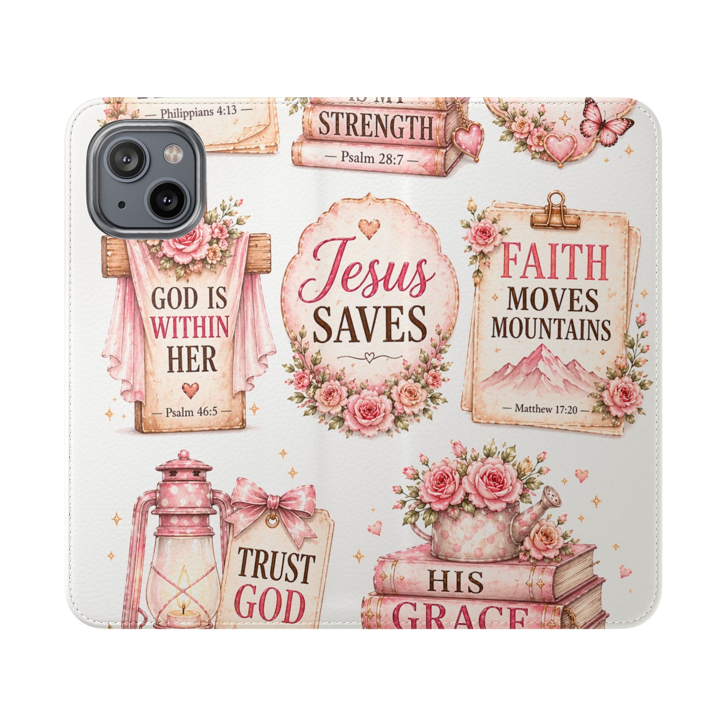 Christian Floral Phone Flip Case — "Jesus Saves" & Inspirational Scripture Wallet Cover