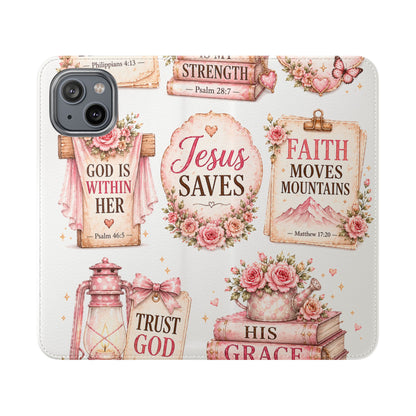 Christian Floral Phone Flip Case — "Jesus Saves" & Inspirational Scripture Wallet Cover
