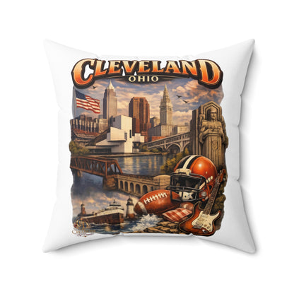 Cleveland Vintage Skyline Throw Pillow – Ohio Cityscape with Football & Rock Icons