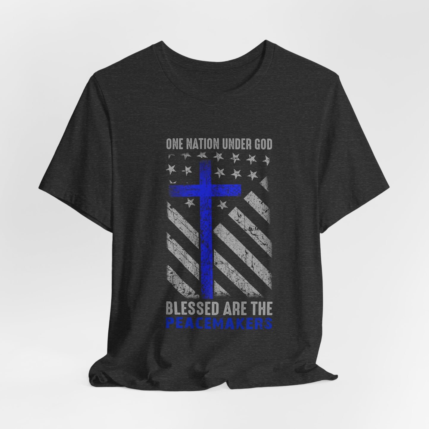 Blessed Are the Peacemakers T‑Shirt — Thin Blue Line Cross, "One Nation Under God" Patriotic Police Tee