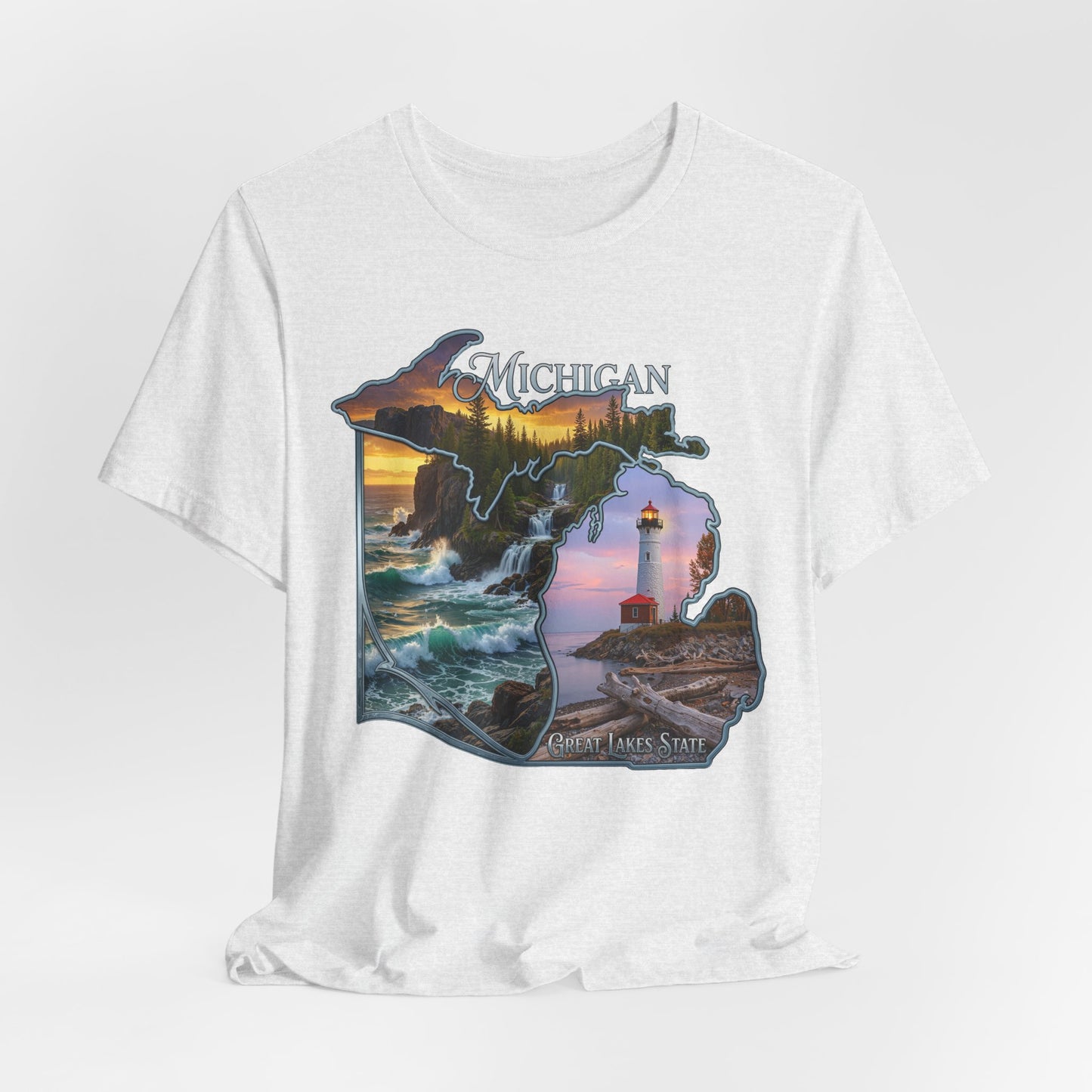Michigan Scenic Map T-Shirt — Great Lakes Lighthouse Sunset Tee
