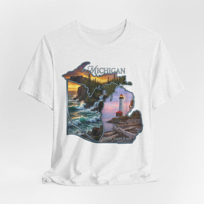Michigan Scenic Map T-Shirt — Great Lakes Lighthouse Sunset Tee