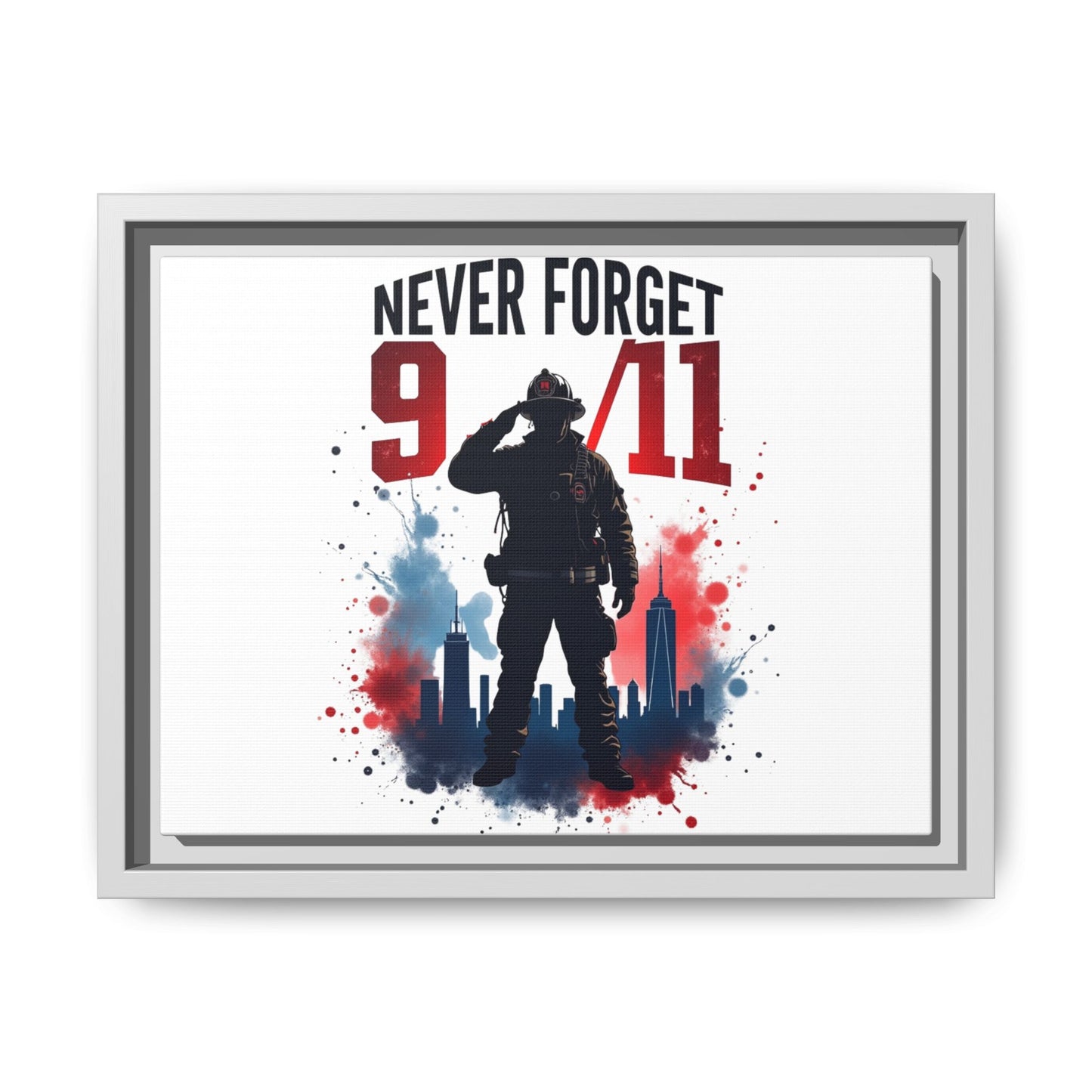 Never Forget 9/11 Framed Canvas Print — Patriotic Firefighter Memorial Art