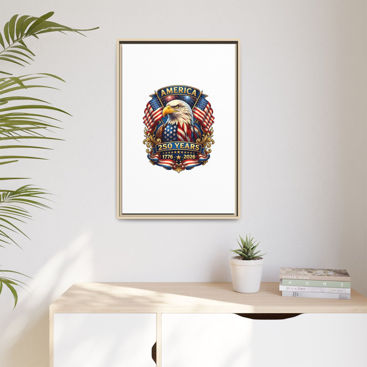 America 250th Anniversary Framed Canvas — Patriotic Bald Eagle Wall Art